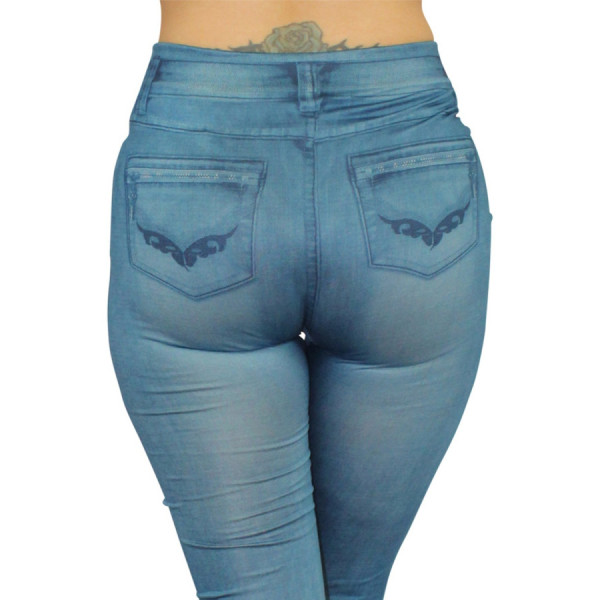 Legging bleu style jean moulant avec impressions sur poches 